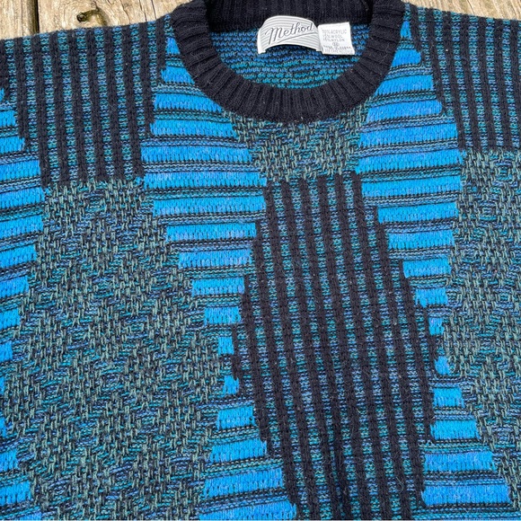 Vintage 80s Geometric Grandpa Knit Sweater Blue & Black Size Small - Picture 3 of 6